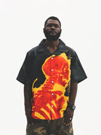 UNTILWERICH Cuban Collar Flaming Skull Short Sleeve Shirt