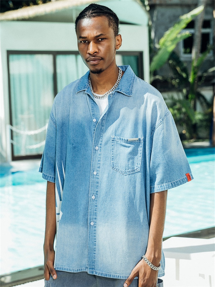 PRBLMS Chinese Big LOGO Denim Short Sleeved Shirt