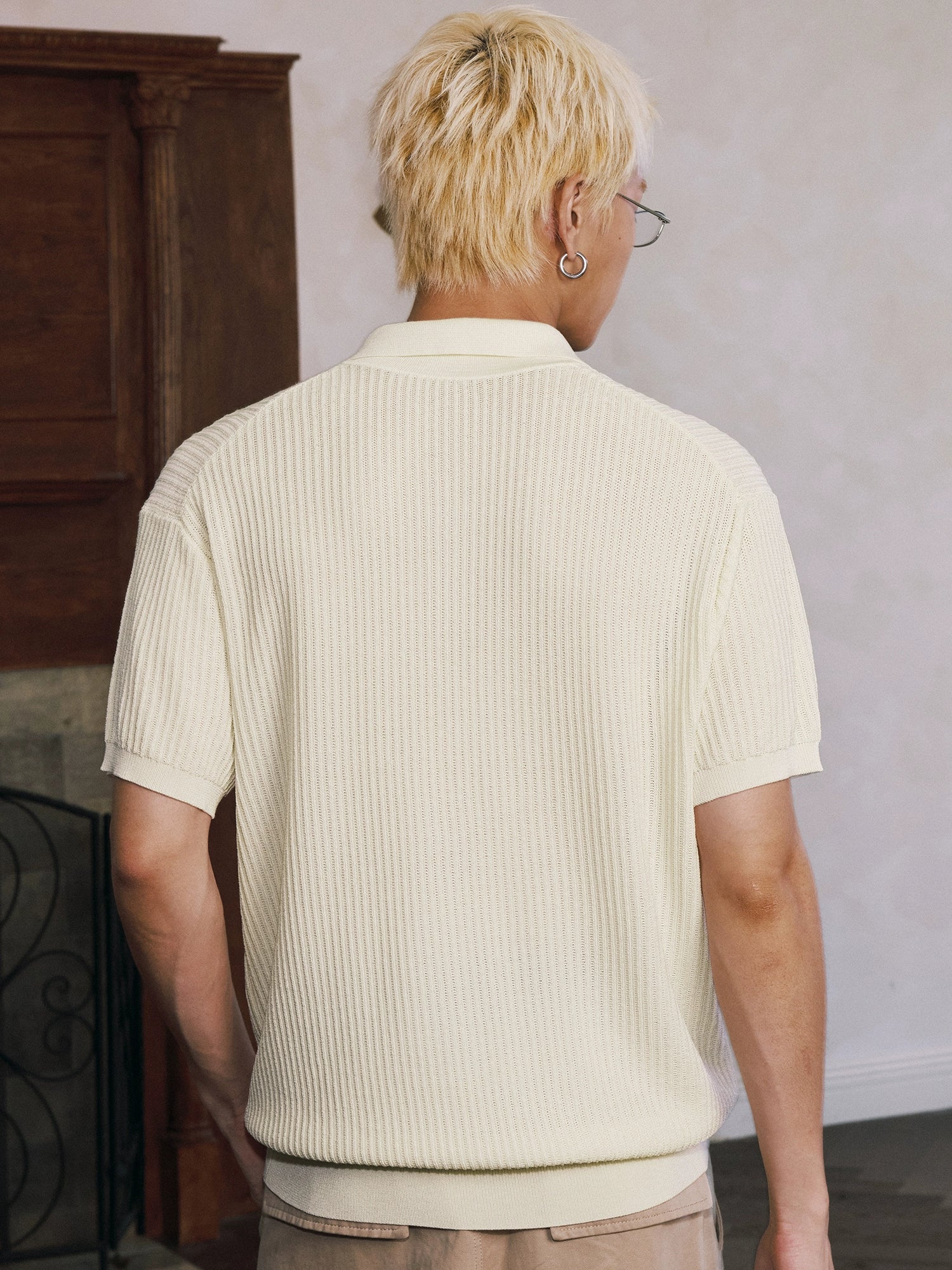 MEDM Rose Embroidered Textured Stripe Knit Polo