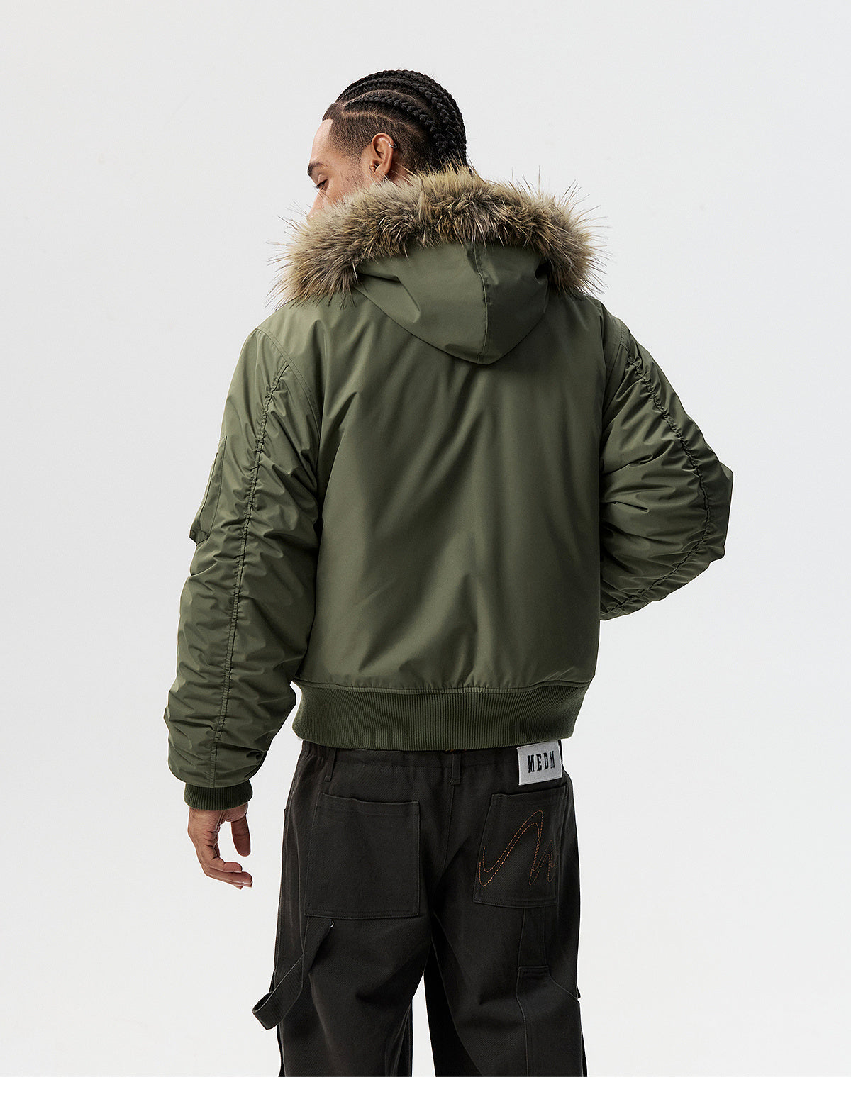 MEDM Animal Logo Patch Fur Hooded Bomber Jacket