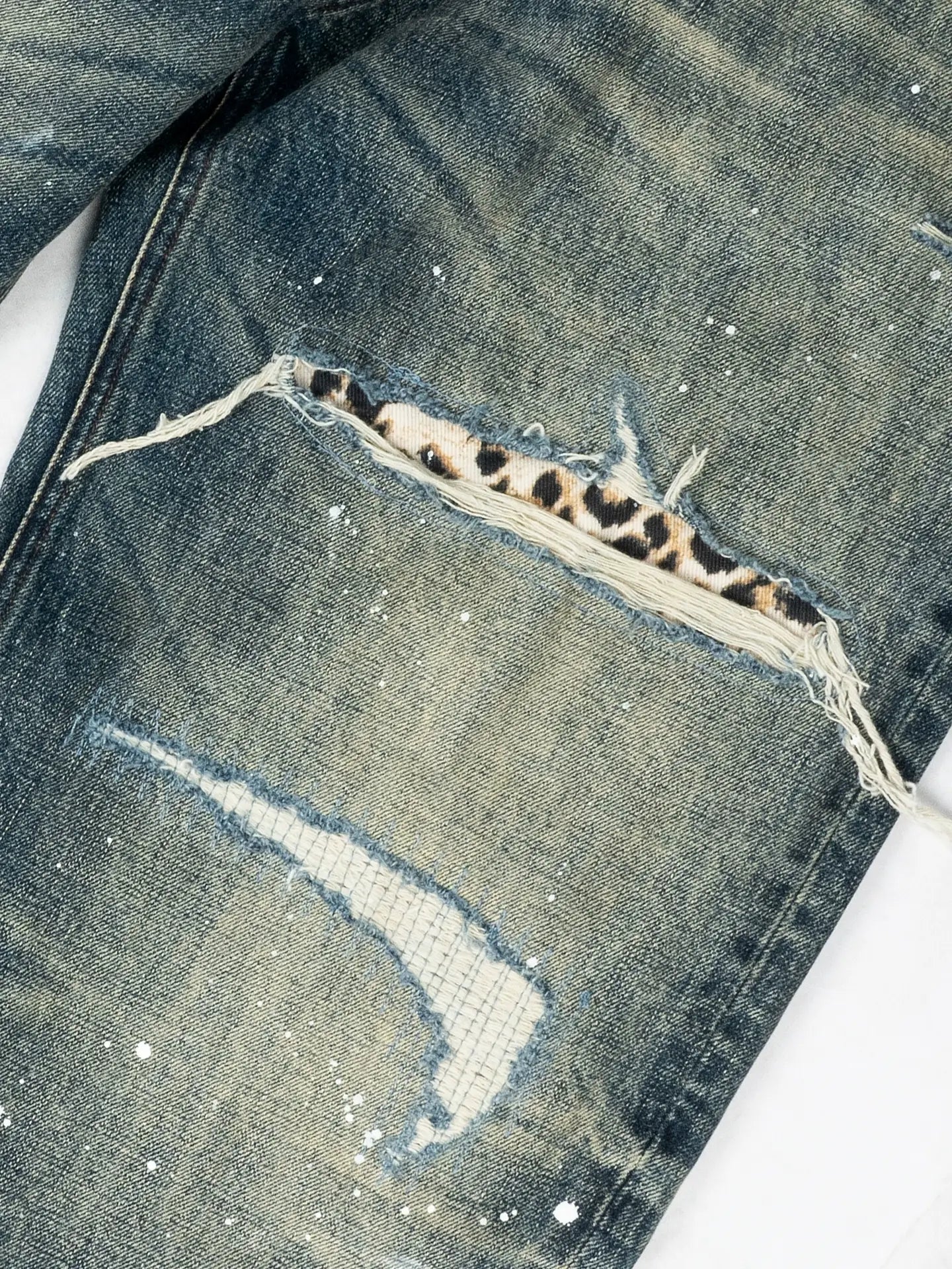 ANTIDOTE Distressed Leopard Patchwork Washed Jeans