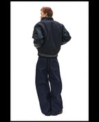 NOVACAM PU Leather Sleeve Puffer Varsity Jacket