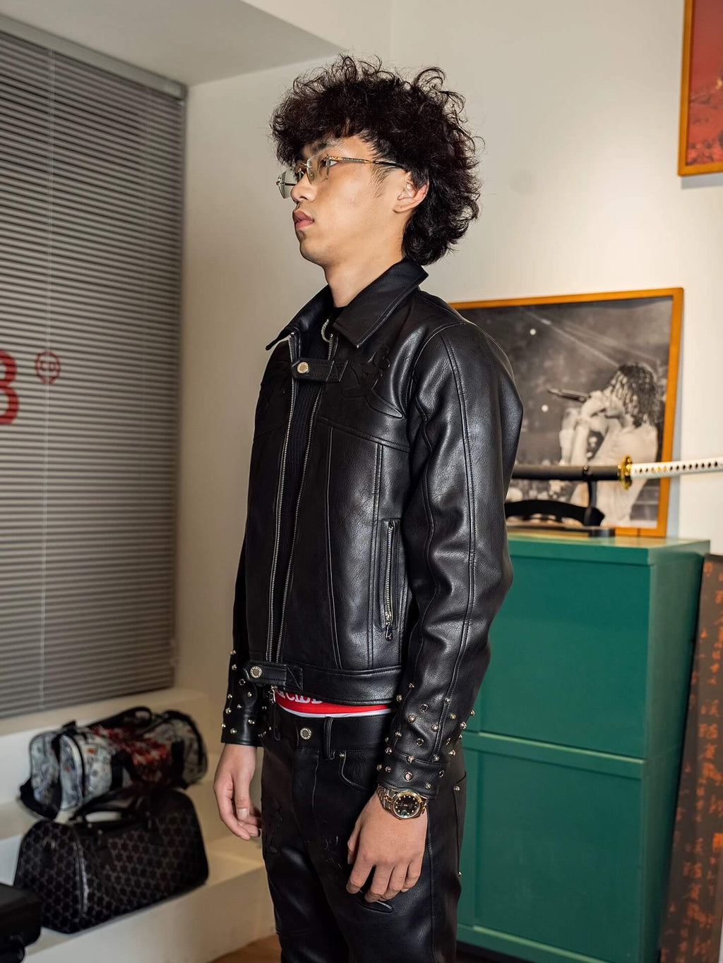 TGFCLUB Embossed Studded Slim Fit PU Leather Biker Jacket