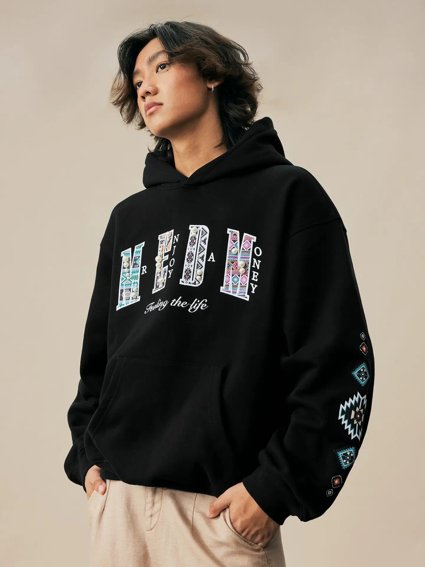 MEDM Ethnic Embroidered Patch Pearl Oversized Hoodie