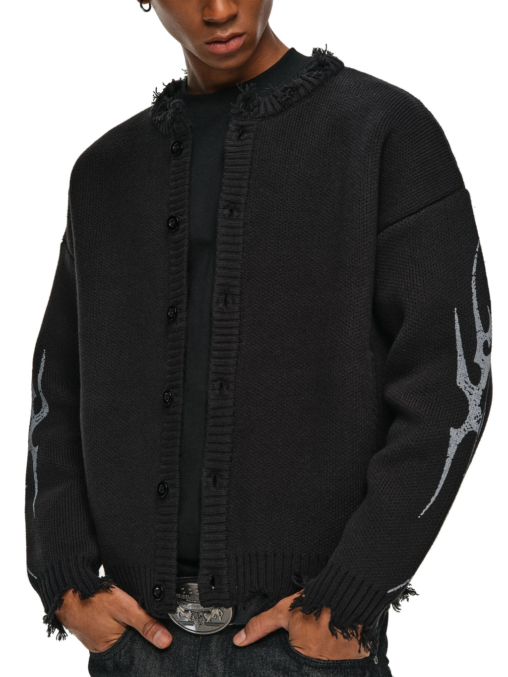 ANTIDOTE Distressed Frayed Tribal Print Knit Cardigan