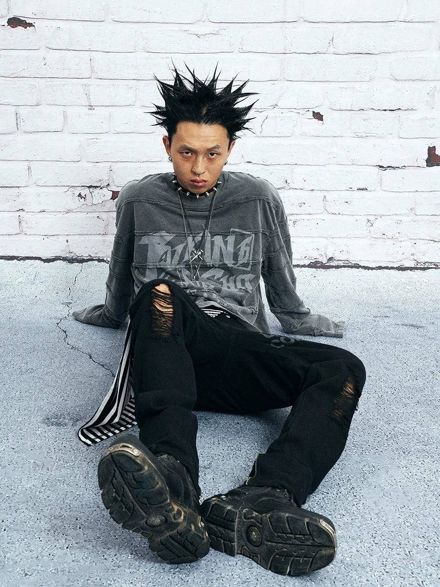VENTUREK Washed Deconstructed Patchwork Long Sleeve Tee