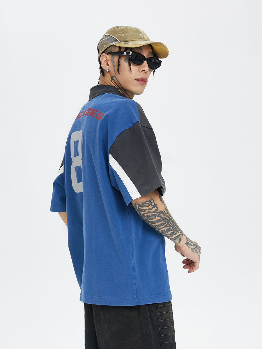 F2CE Washed & Old Splicing Printed Polo Shirt