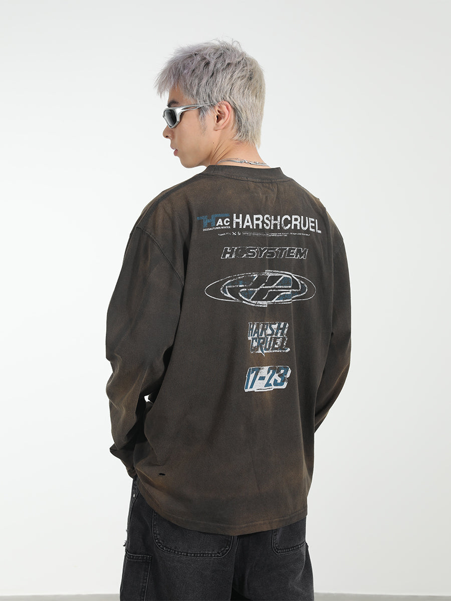 Harsh and Cruel Washed Destroyed Typography Printed Long Sleeve Tee