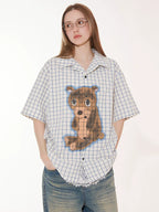 EMPTY REFERENCE Hand Painted Bear Print Plaid Short Sleeve Shirt