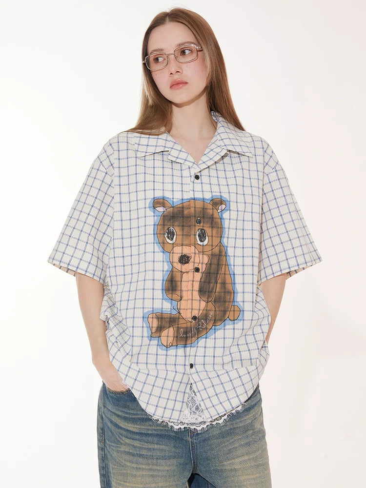 EMPTY REFERENCE Hand Painted Bear Print Plaid Short Sleeve Shirt