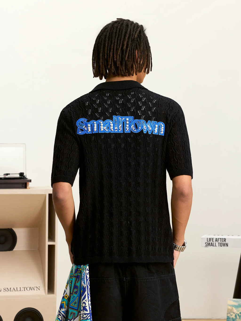 Small Town Kid Ethnic Logo Patch Crochet Knit Hawaiian Shirt