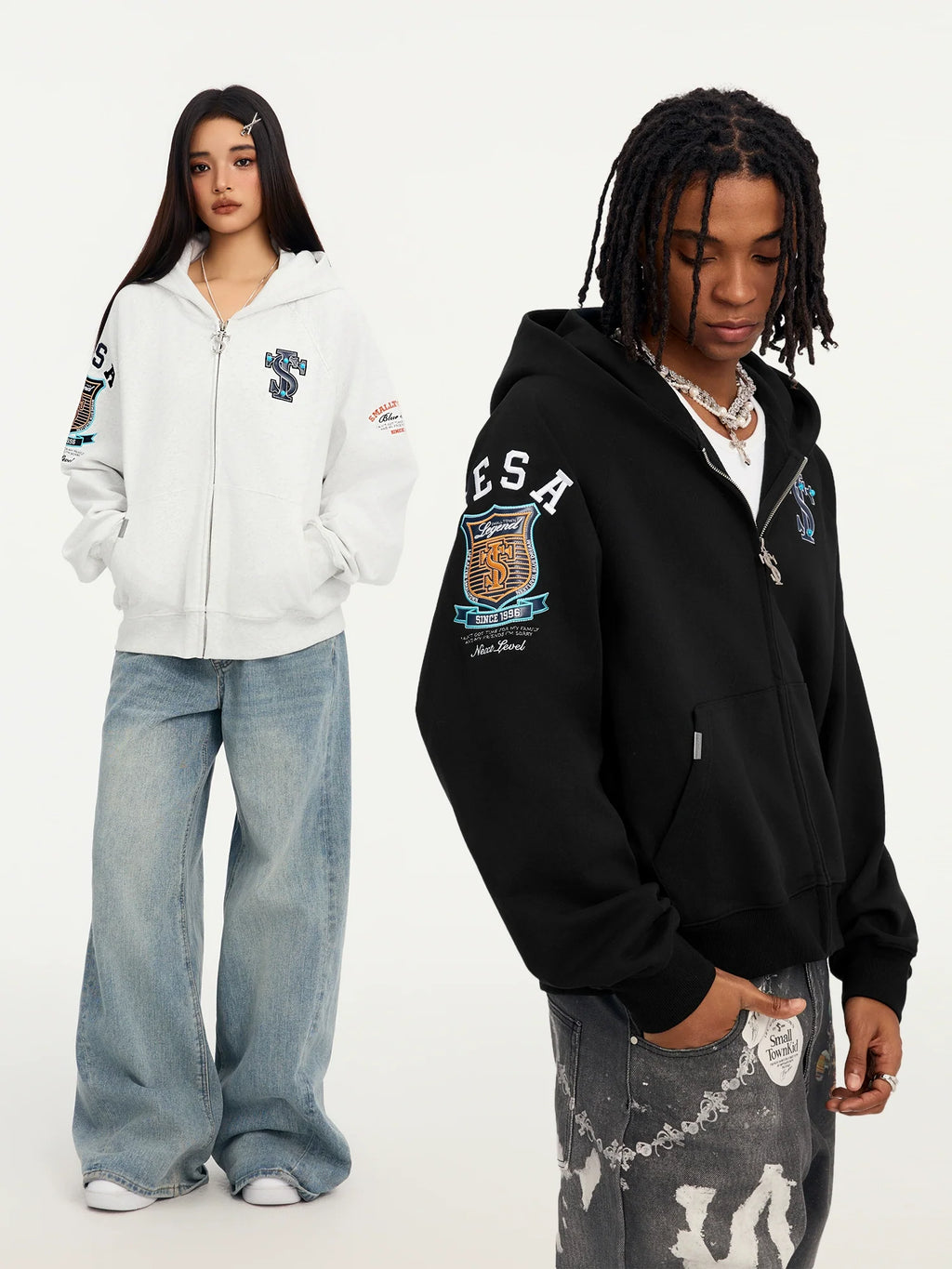 Small Town Kid Turquoise Studded Badge Embroidered Zip-Up Hoodie