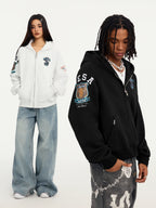 Small Town Kid Turquoise Studded Badge Embroidered Zip-Up Hoodie