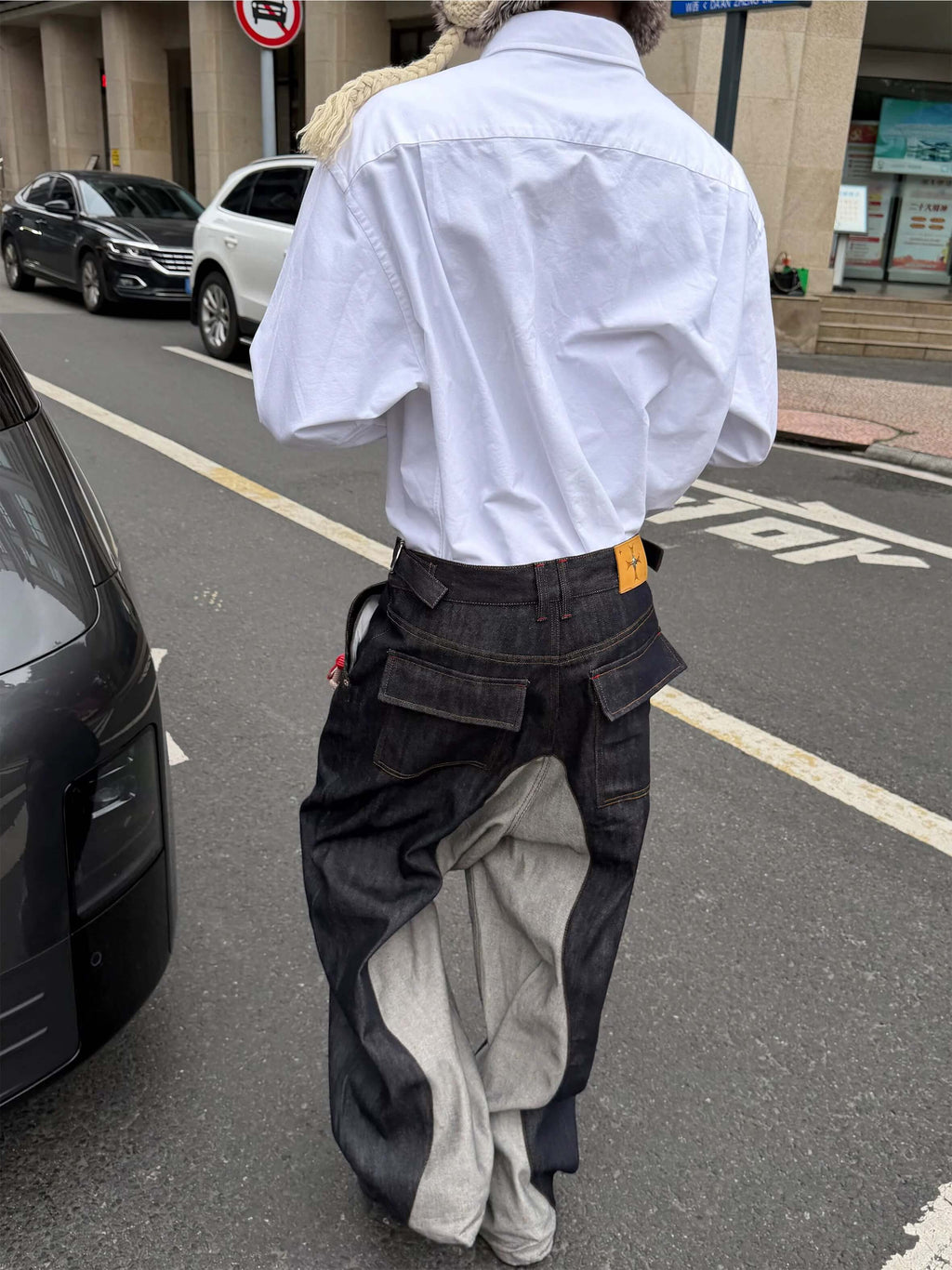 STEEPC Button Fly Reverse Patchwork Baggy Jeans