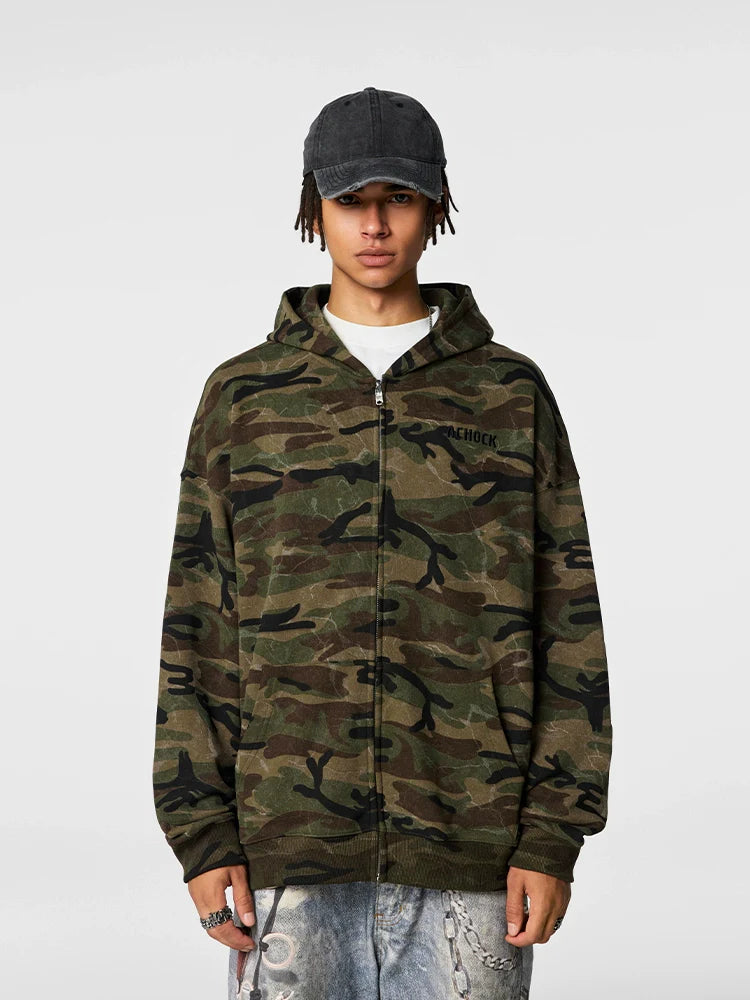 Achock Patch Embroidery Camouflage Zip Up Hoodie