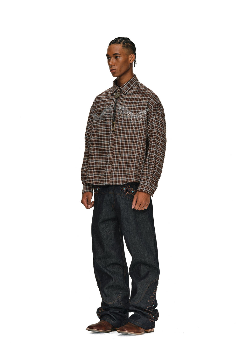 ANTIDOTE Rhinestone Flannel Plaid Long Sleeve Shirt