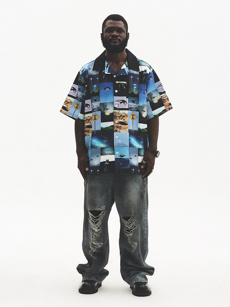 UNTILWERICH Cuban Collar UFO Short Sleeve Shirt