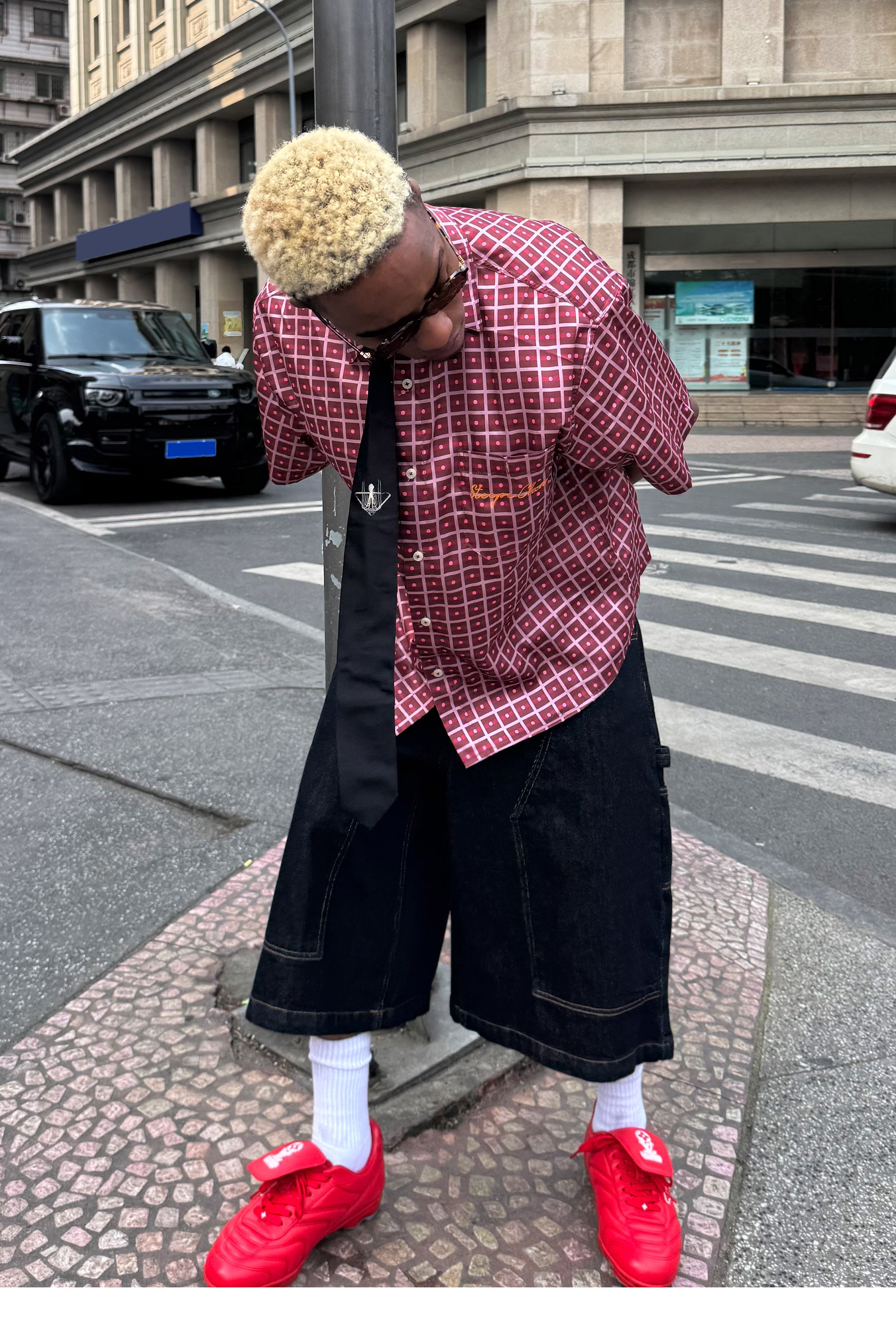 STEEPC Plaid Boxy Wide Short Sleeve Shirt