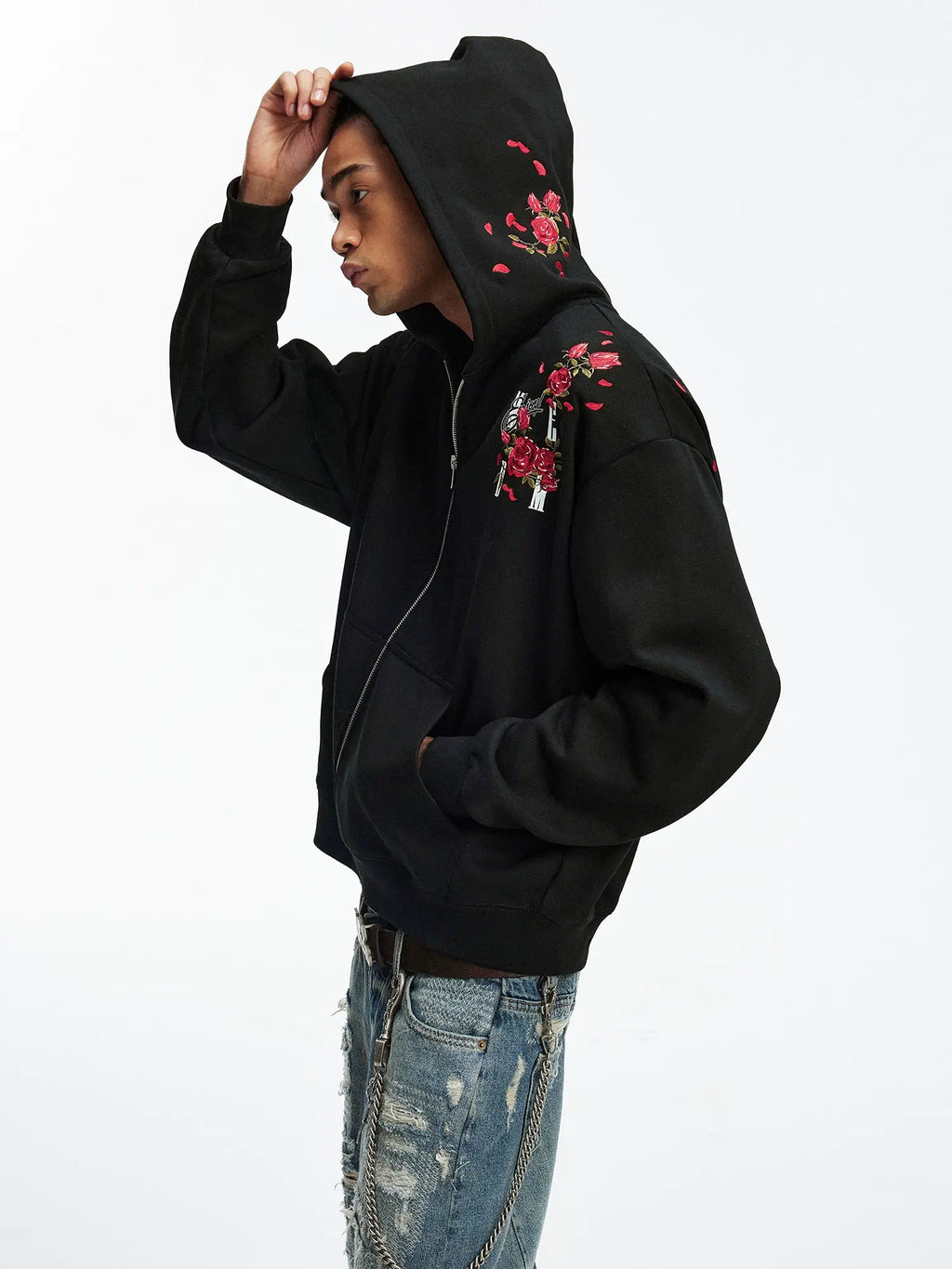 MEDM Rose Embroidered Zip Up Hoodie