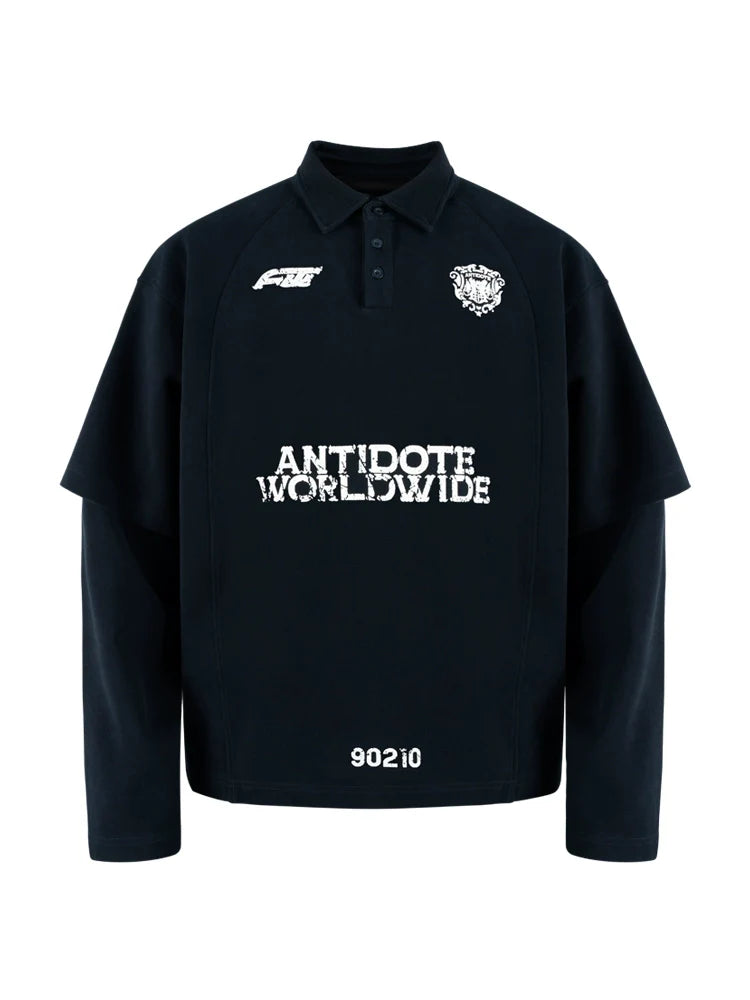 ANTIDOTE Logo & Badge Printed Layered Long Sleeve Polo