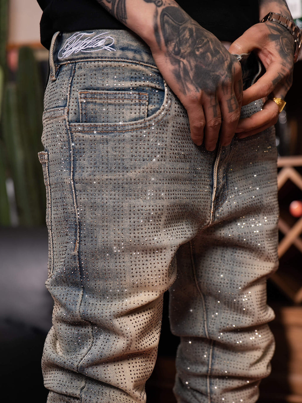 TGFCLUB All Over Rhinestone Skinny Jeans
