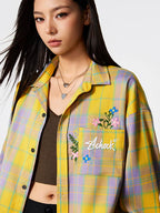 Achock Flower Embroidery Plaid Long Sleeved Shirt