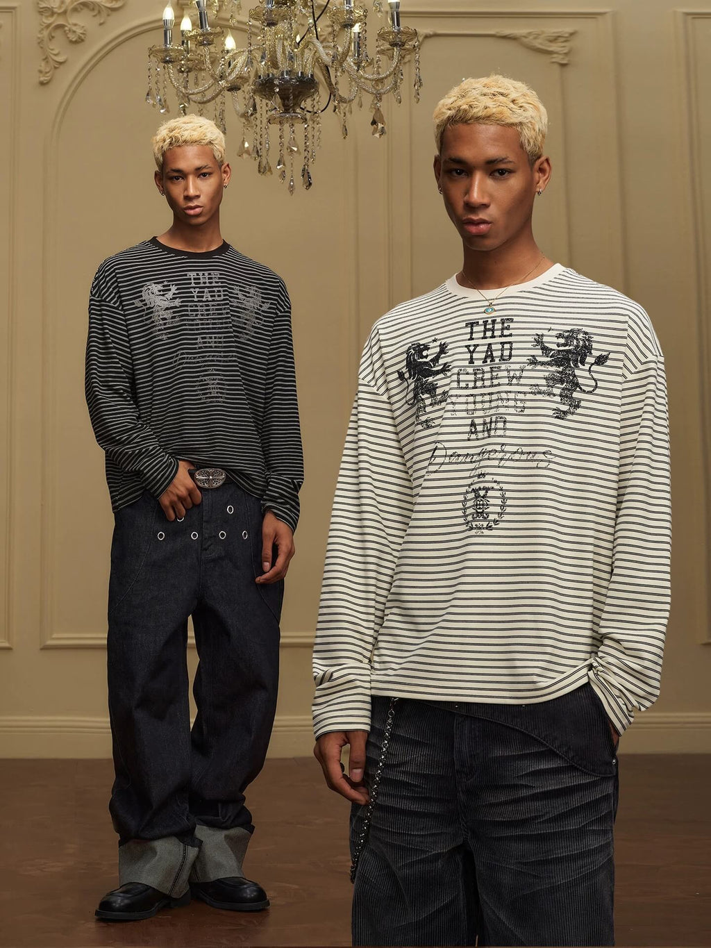 YADcrew Vintage Lion Print Striped Long Sleeve Tee
