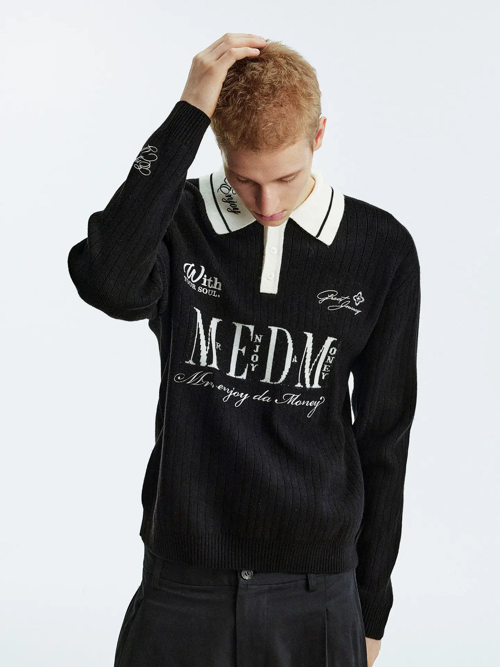 MEDM Color Blocked Long Sleeve Knit Polo Sweater