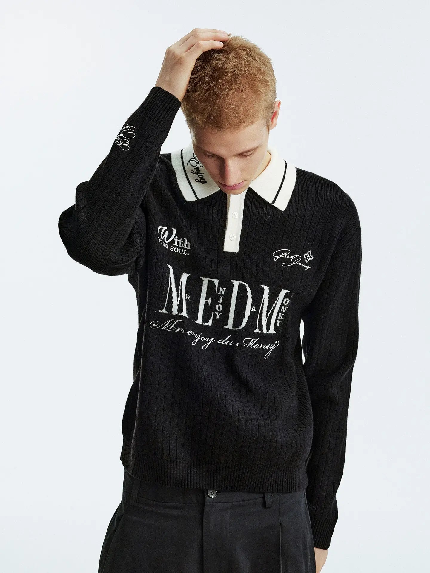 MEDM Color Blocked Long Sleeve Knit Polo Sweater