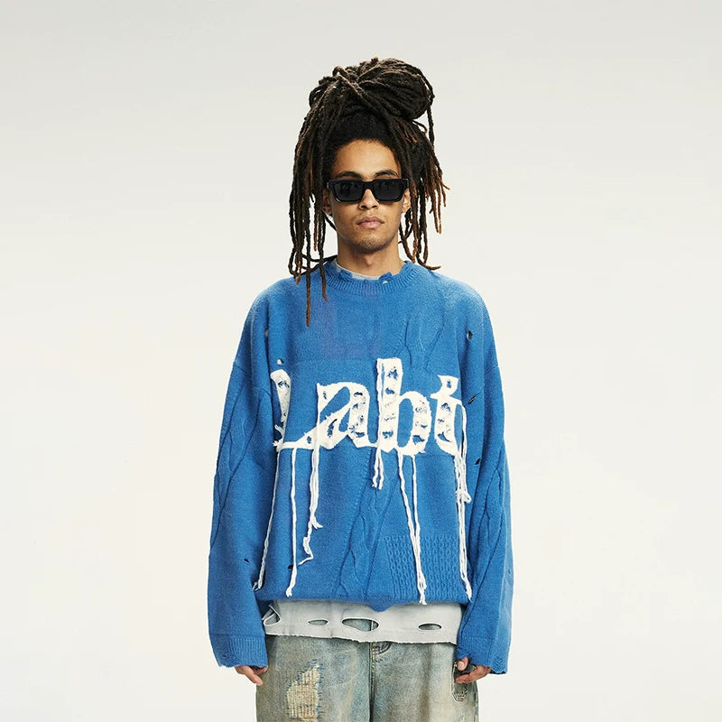 Labt Fringe Lanyard Logo Distressed Knit Sweater