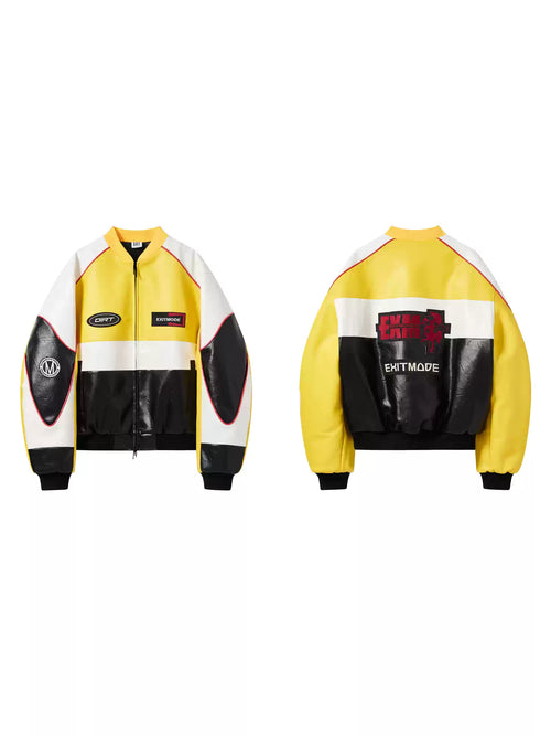 BLIND NO PLAN Color Block Embroidered Racing Leather Jacket