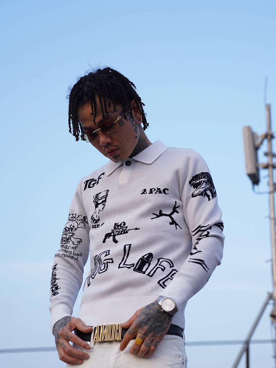 TGFCLUB 2PAC Tattoo Slim Fit Polo Knit Sweater