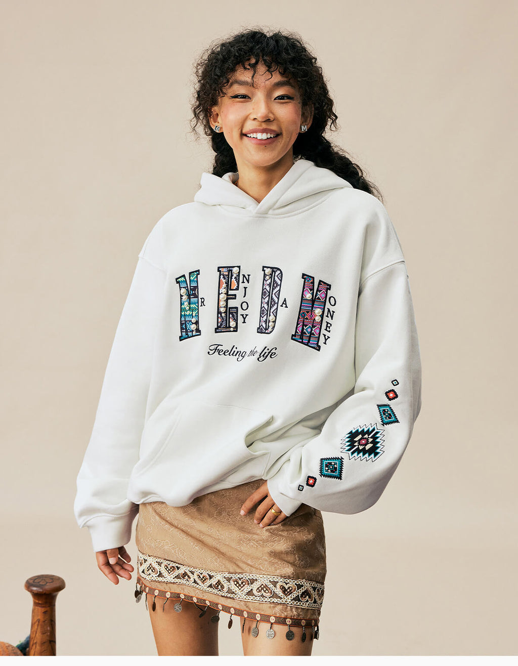 MEDM Ethnic Embroidered Patch Pearl Oversized Hoodie
