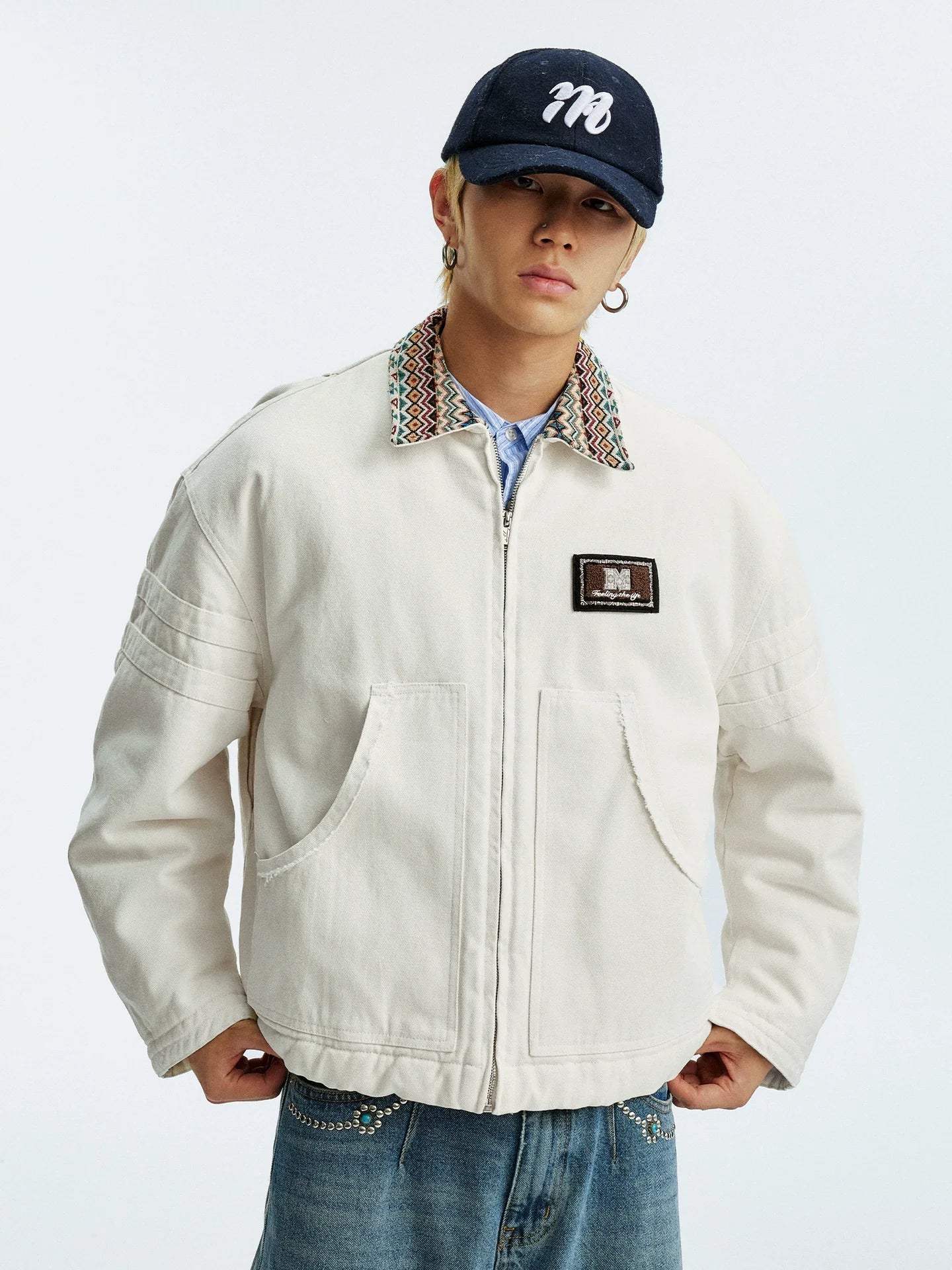 MEDM Ethnic Collar Patch Pocket Quilted Lined Work Jacket