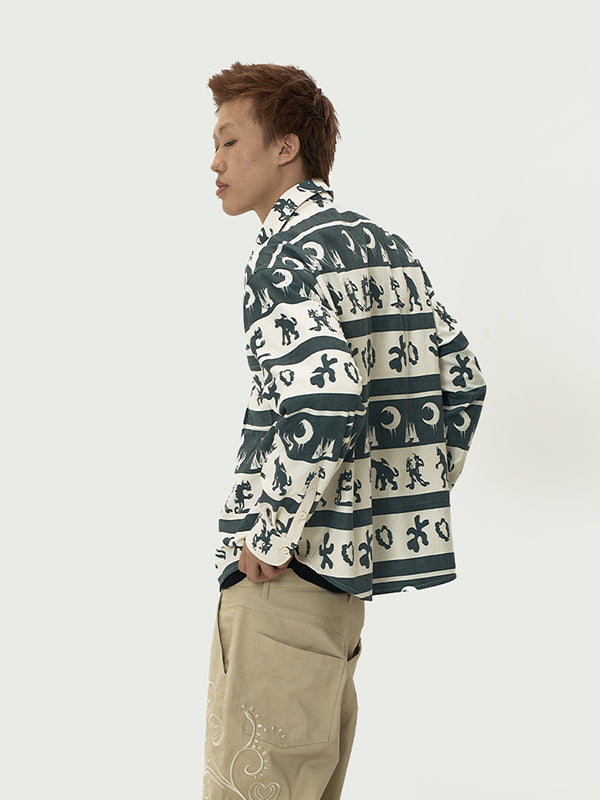 EVILKNIGHT(EK) Ethnic Print Striped Long Sleeve Shirt