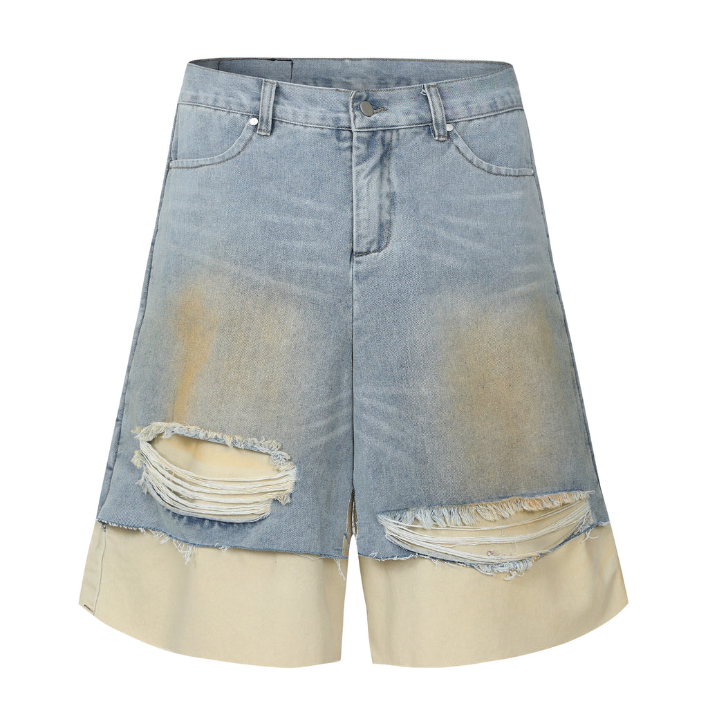 Harsh and Cruel Distressed Wash Layered Denim Shorts