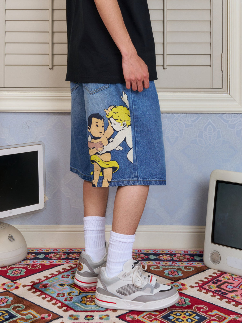 AFGK Three Angels Flame Embroidered Denim Shorts / Jorts