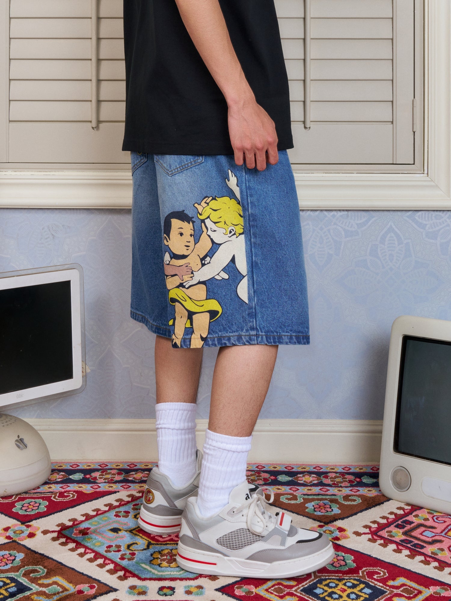 AFGK Three Angels Flame Embroidered Denim Shorts / Jorts