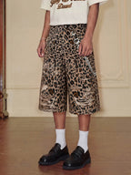 YADcrew Leopard Digital Print All Over Rhinestone Baggy Shorts