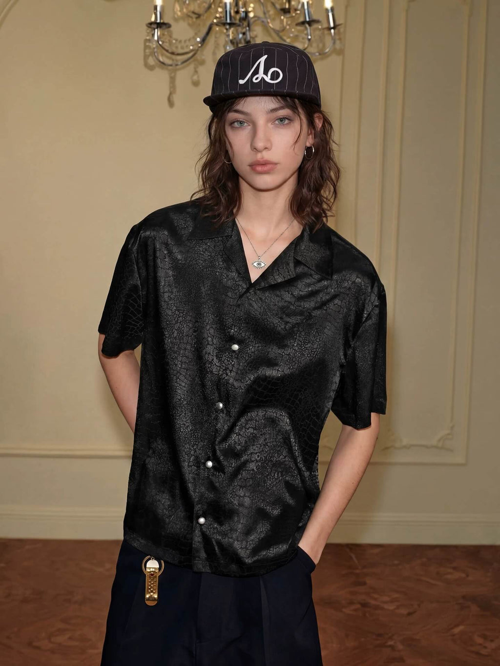 YADcrew Python Pattern Satin Short Sleeve Shirt