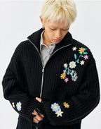 MEDM Frayed Hem Floral Embroidered Knit Cardigan