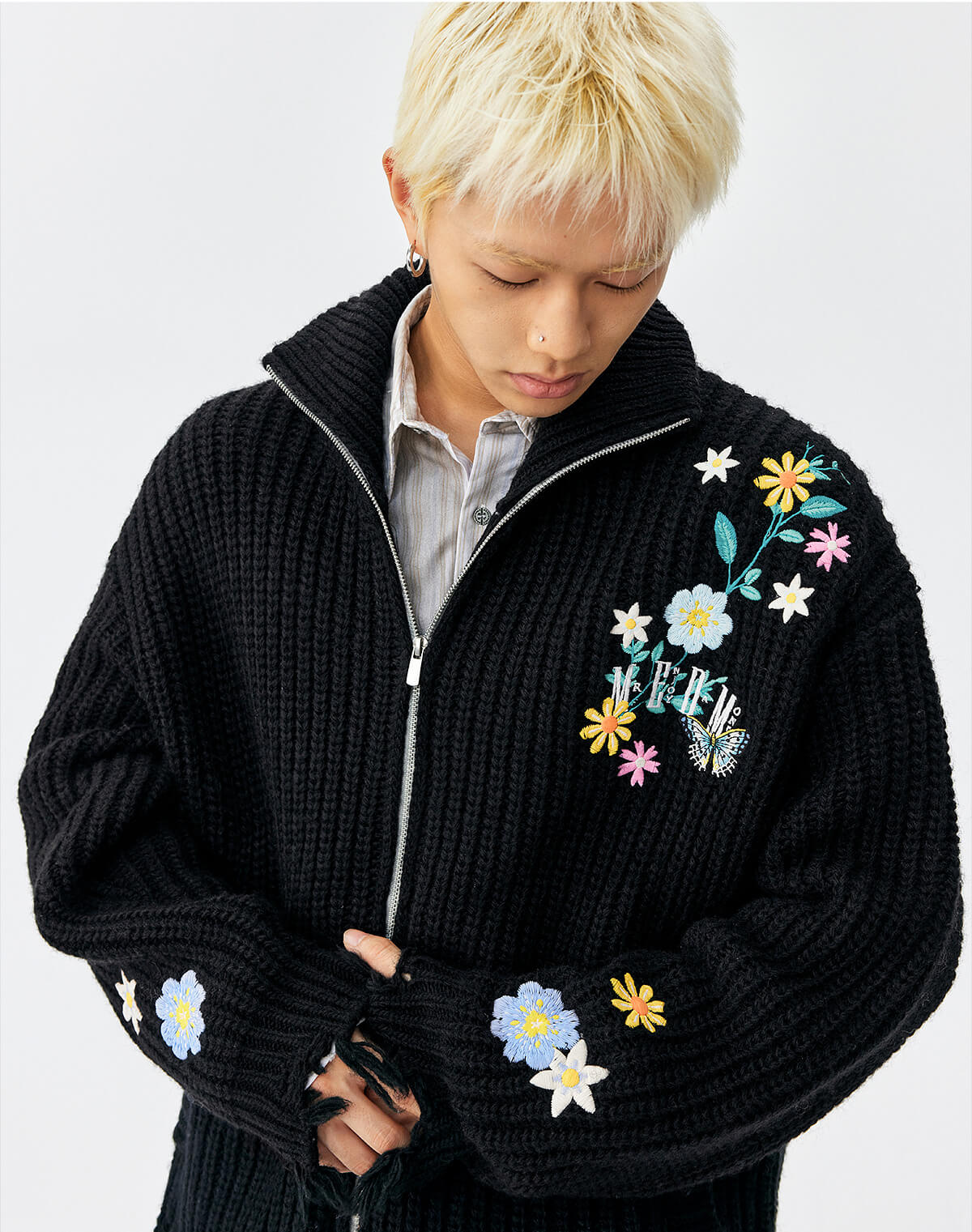 MEDM Frayed Hem Floral Embroidered Knit Cardigan