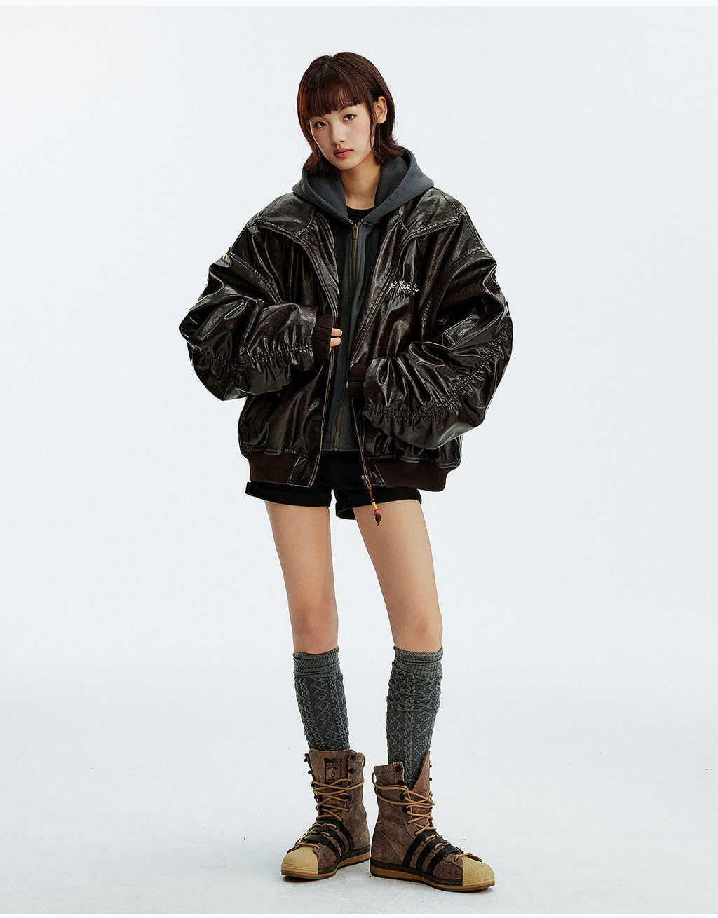 MEDM Layered Hood PU Leather Bomber Jacket