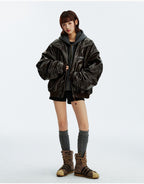 MEDM Layered Hood PU Leather Bomber Jacket