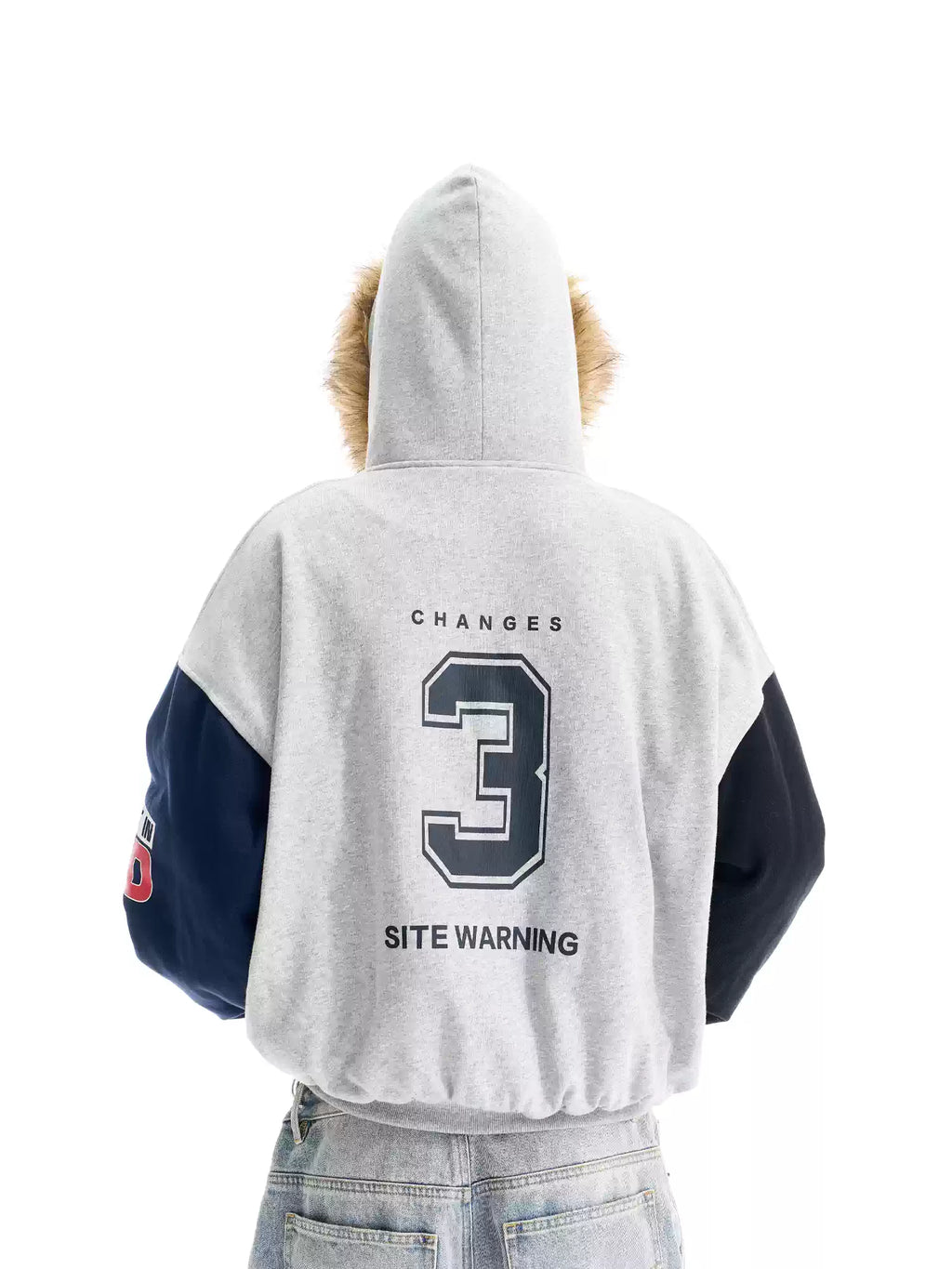 BLIND NO PLAN Gray Color Block Fur Hood Padded Jacket