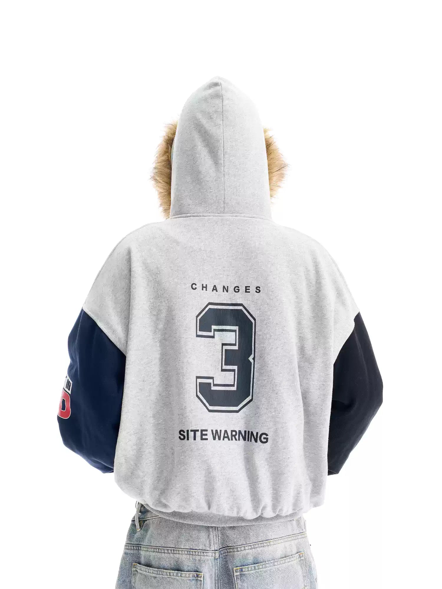 BLIND NO PLAN Gray Color Block Fur Hood Padded Jacket