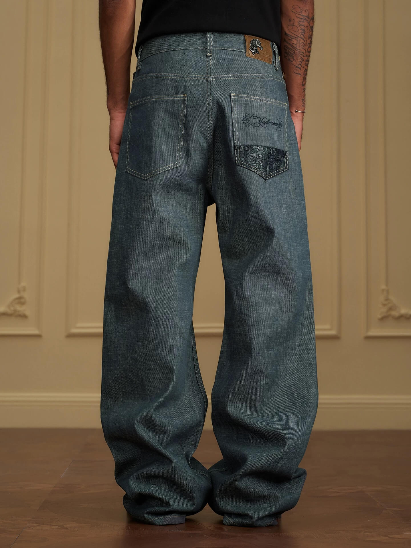 YADcrew Fold Over Leather Patch Pocket Jeans