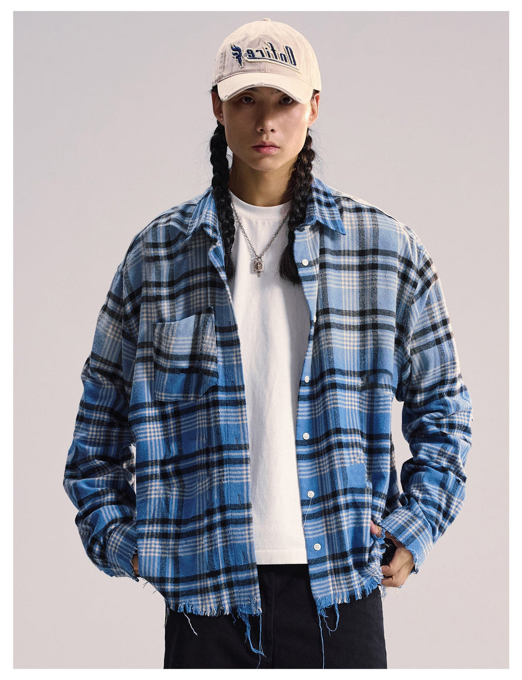 Remedy Washed Gradient Plaid Cutoff Long Sleeve Shirt