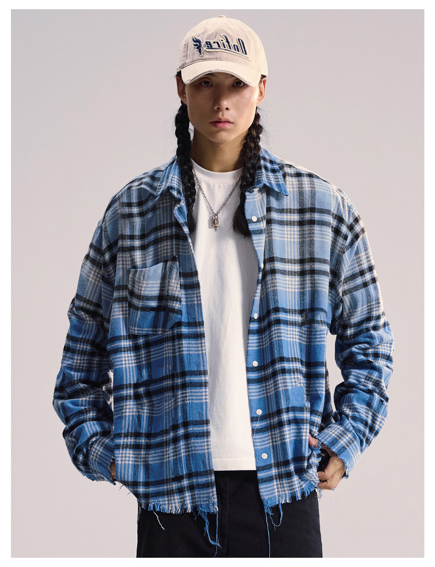 Remedy Washed Gradient Plaid Cutoff Long Sleeve Shirt