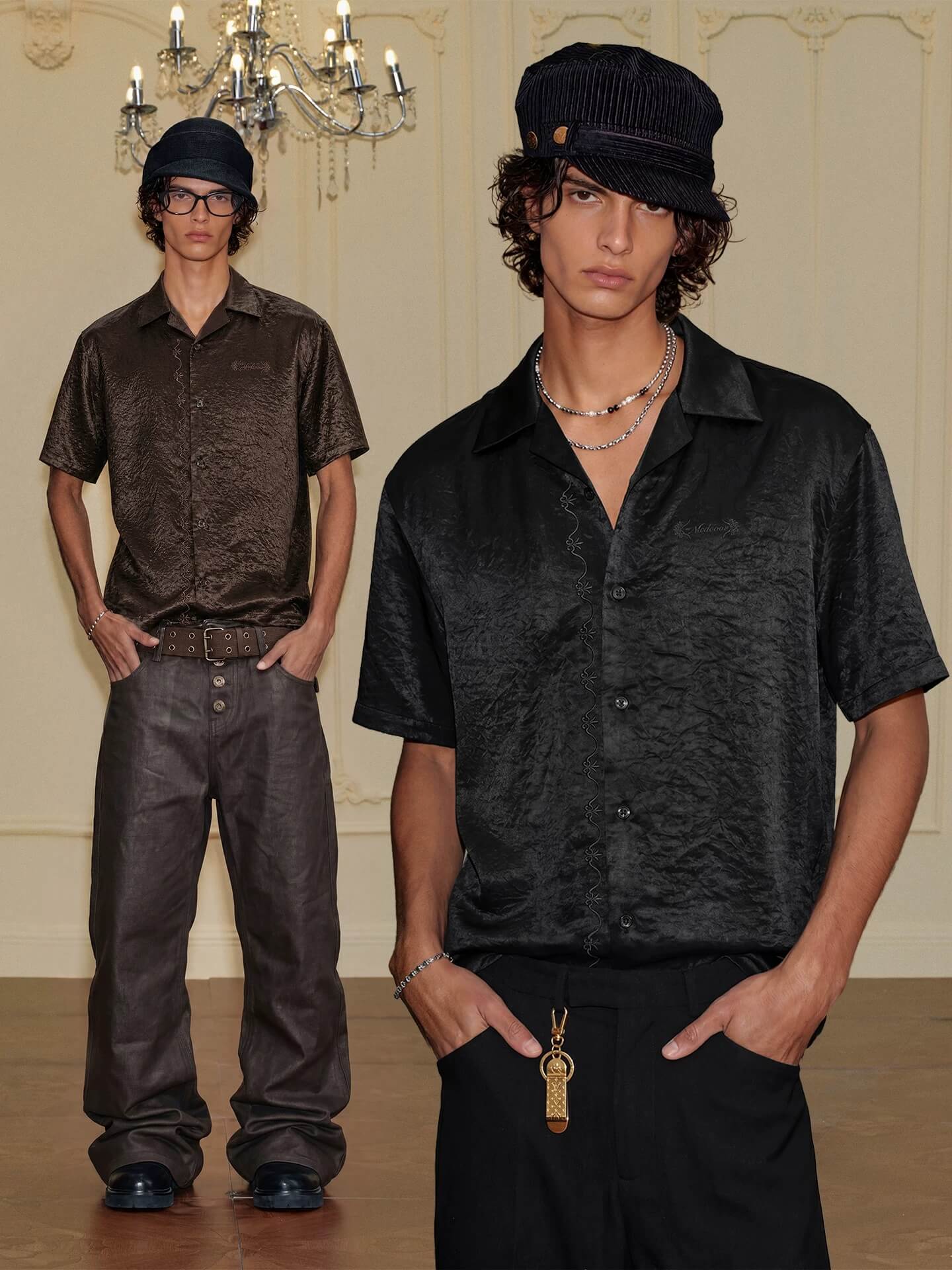 YADcrew Satin Embroidered Cuban Collar Short Sleeve Shirt